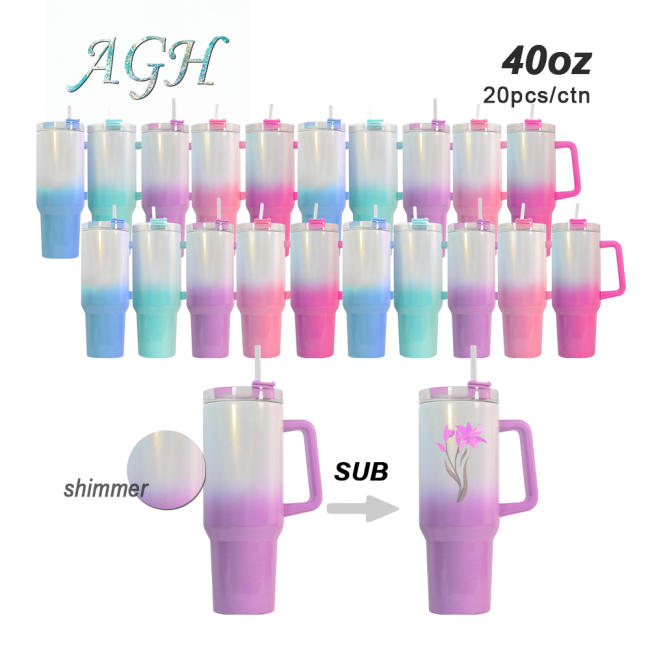 US warehouse 40oz sublimation ombre glitter colored tumbler with handle and plastic straw
