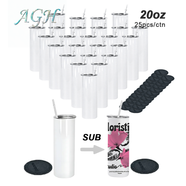 USA warehouse stock 20oz sublimation straight skinny tumbler with plastic straw and rubber bottom 25pcs/case
