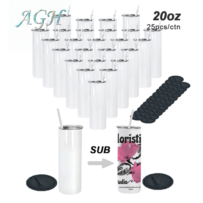 USA warehouse stock 20oz sublimation straight skinny tumbler with plastic straw and rubber bottom 25pcs/case