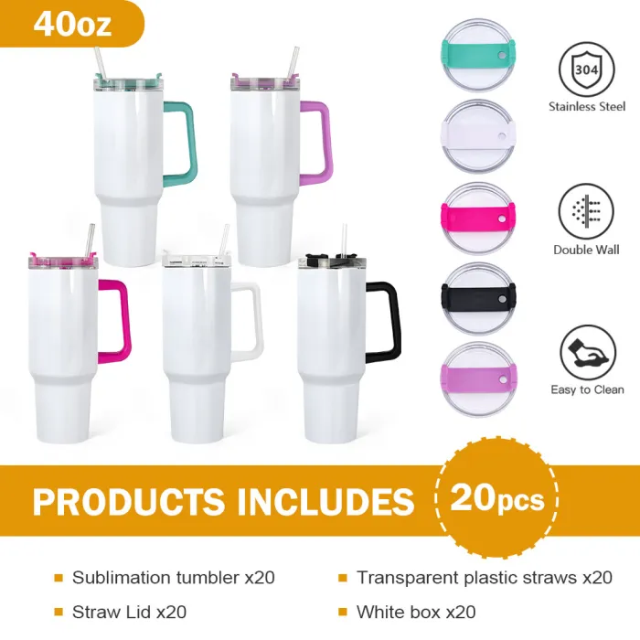 RTS USA warehouse 40oz sublimation glossy tumbler with colored handles