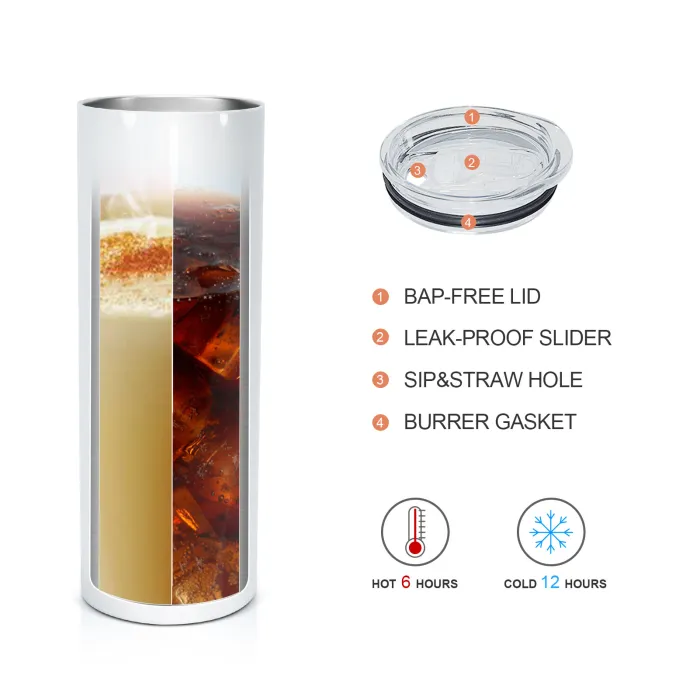 20oz sublimation stainless steel skinny tumbler with plastic straw metal straw and rubber bottom