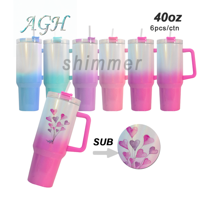 US warehouse 40oz sublimation ombre glitter colored tumbler with handle and plastic straw