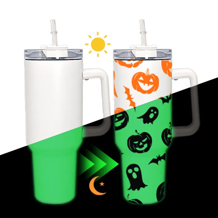 US warehouse RTS 40oz sublimation white to green/blue glow in dark tumbler with handle 12pcs/case