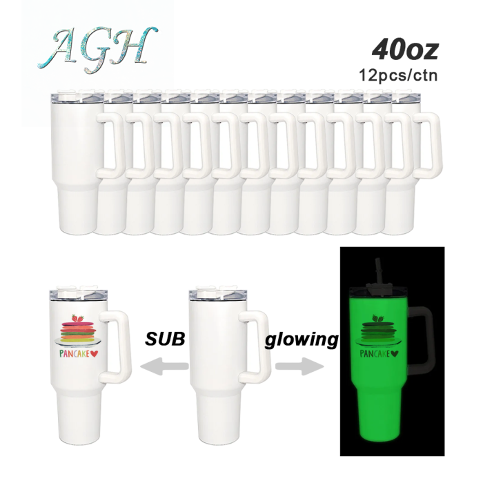 US warehouse RTS 40oz sublimation white to green/blue glow in dark tumbler with handle 12pcs/case
