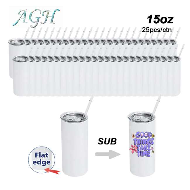 USA warehouse15oz flat bottom white sublimation straight stainless steel skinny tumbler with plastic straw 50pcs/carton