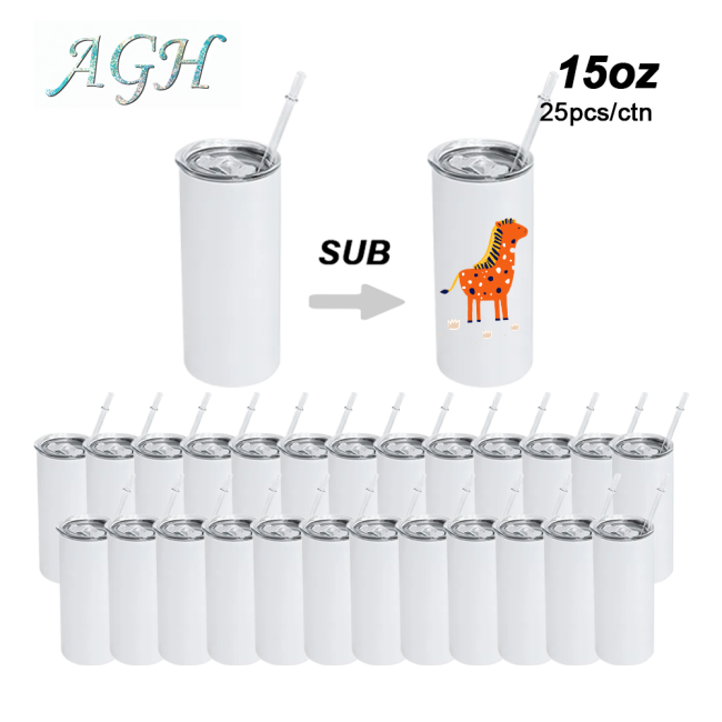 US Warehouse 25pcs15oz white sublimation straight stainless steel skinny tumbler with plastic straw