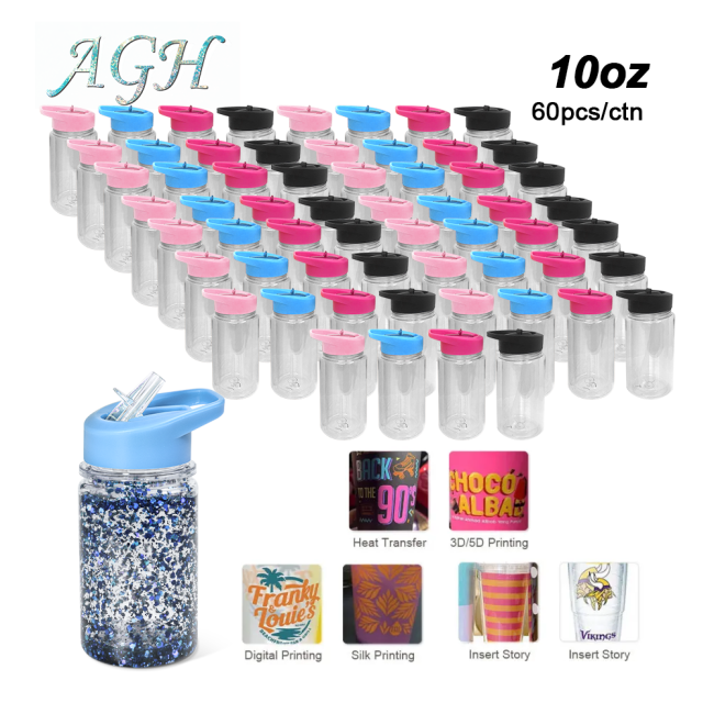 USA warehouse 300ml 10oz acrylic snow globe cup double wall plastic kids water bottle with colorful handle (mixed 4 color) 12pcs/60pcs per carton（12pcs is pre-order）