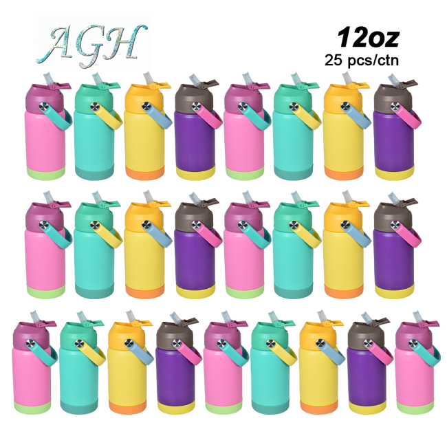 US warehouse 12oz stainless steel colorful powder coated kids water bottle with portable handle and rubber bottom (mixed color) 25pcs/carton