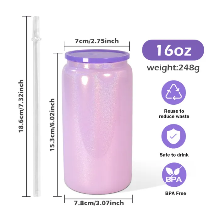 US warehouse 16oz sublimation shimmer mix colored glass cup with colored plastic lids 25pcs/case