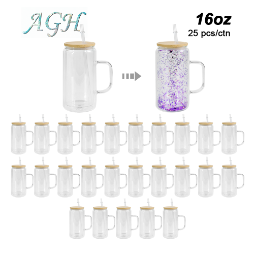 US warehouse 16oz sublimation double wall snow globe glass jar glass handle cup with bamboo lid or colored plastic lid