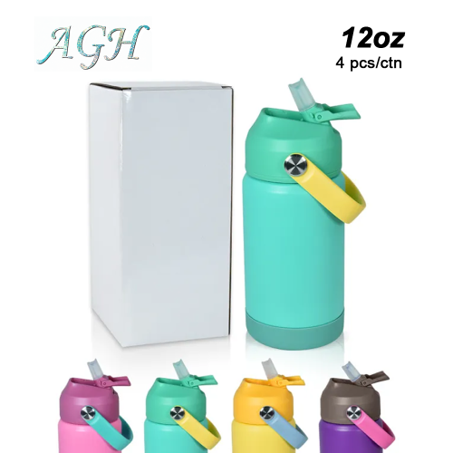 4 PackAGH 12oz Kids Portable Powder Coating Sports Water Bottle Silicone Straw Non-Slip Base Portable Handle - mixed Color Tumbler