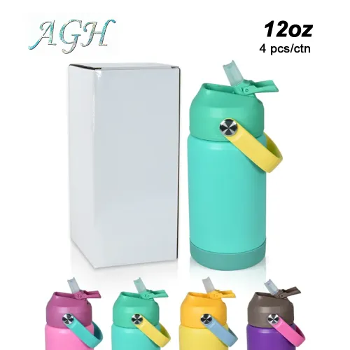 4 PackAGH 12oz Kids Portable Powder Coating Sports Water Bottle Silicone Straw Non-Slip Base Portable Handle - mixed Color Tumbler