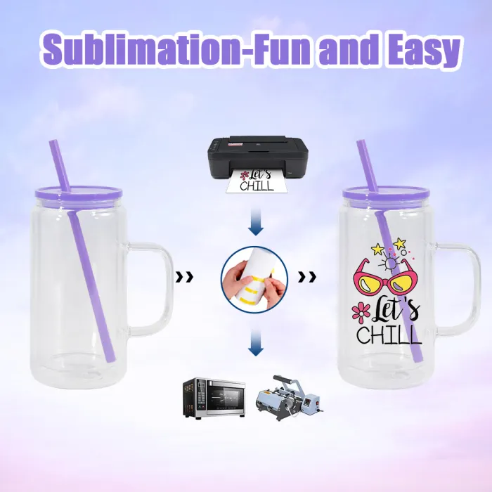 US warehouse 16oz sublimation double wall snow globe glass jar glass handle cup with bamboo lid or colored plastic lid