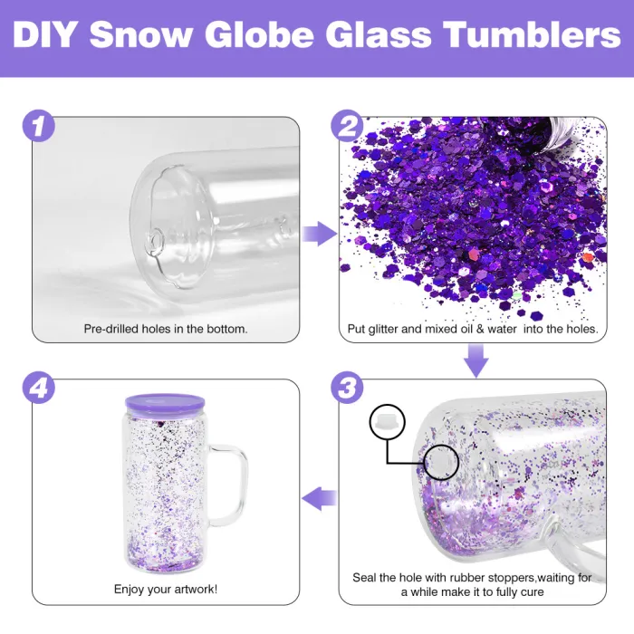 US warehouse 16oz sublimation double wall snow globe glass jar glass handle cup with bamboo lid or colored plastic lid