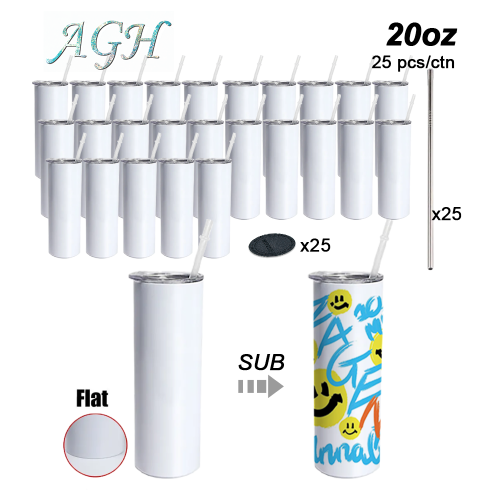 USA warehouse RTS 20oz sublimation stainless steel flat edge skinny tumbler with plastic straw metal straw and rubber bottom  25pcs/carton