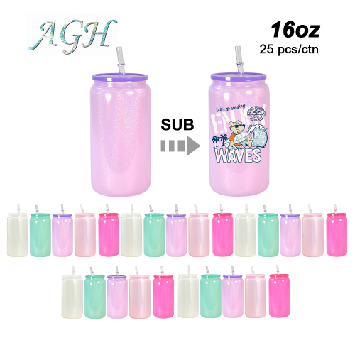 US warehouse 16oz sublimation shimmer mix colored glass cup with colored plastic lids 25pcs/case