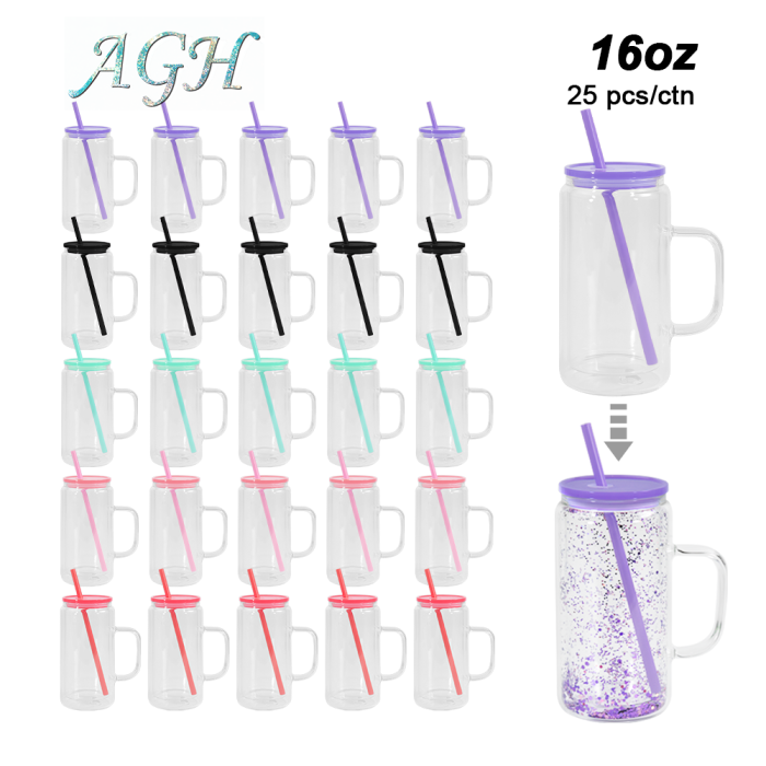 US warehouse 16oz sublimation double wall snow globe glass jar glass handle cup with bamboo lid or colored plastic lid