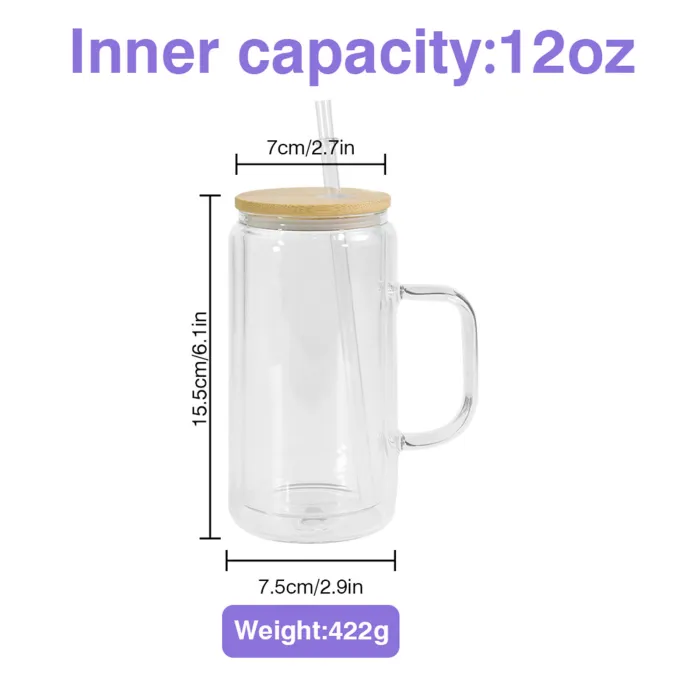 US warehouse 16oz sublimation double wall snow globe glass jar glass handle cup with bamboo lid or colored plastic lid