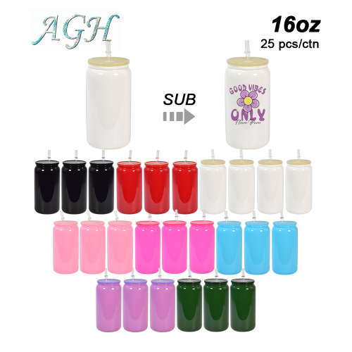 US warehouse16oz sublimation mix colored glass cup with colored plastic lids 25pcs/case