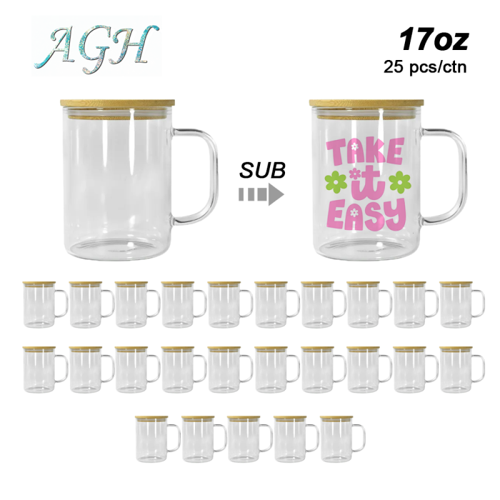 USA Warehouse 17oz single walled Clear Sublimation Blank Glass Mug With Handle