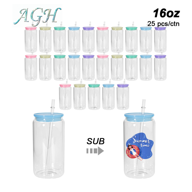 China Warehouse RTS 50pcs/25pcs 16oz Sublimation Clear Glass Jar with Colorful Plastic lids  Mixed color