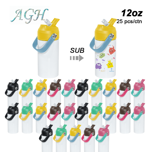 RTS USA warehouse 12oz flat edge sublimation tumbler flip top kid vacuum flask water bottle with handle
