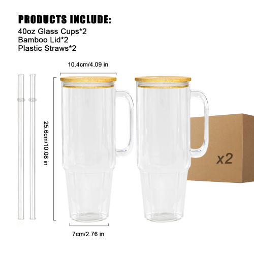 USA 2pcs 40oz sublimation glass handle tumbler BPA Free with Bamboo Lids, Cocktail Beer, Soda, Fruit Juice
