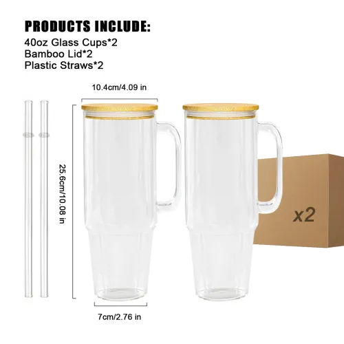 USA 2pcs 40oz sublimation glass handle tumbler BPA Free with Bamboo Lids, Cocktail Beer, Soda, Fruit Juice