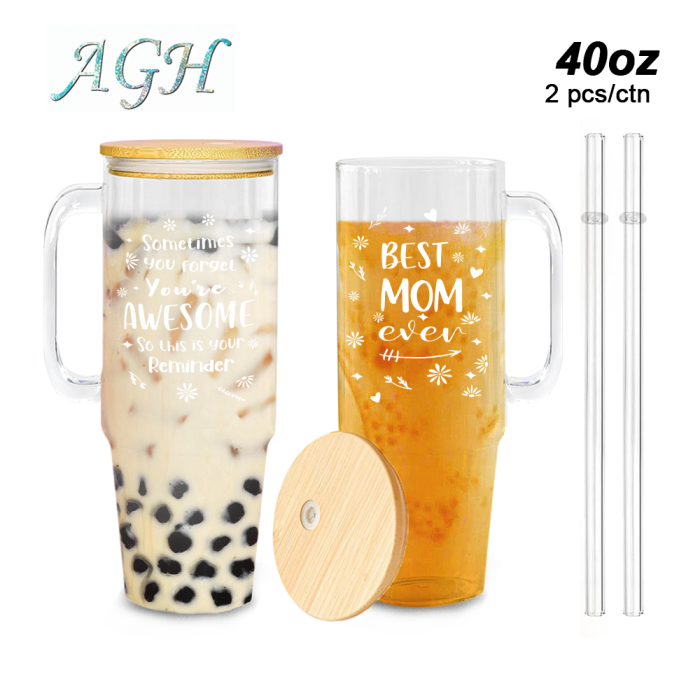 USA 2pcs 40oz BEST MOM Glass handle tumbler BPA Free with Bamboo Lids, Cocktail Beer, Soda, Fruit Juice