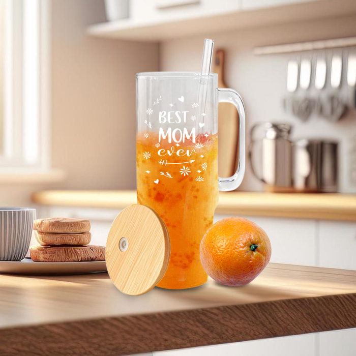 USA 2pcs 40oz BEST MOM Glass handle tumbler BPA Free with Bamboo Lids, Cocktail Beer, Soda, Fruit Juice