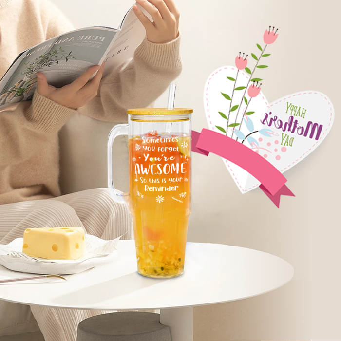 USA 2pcs 40oz BEST MOM Glass handle tumbler BPA Free with Bamboo Lids, Cocktail Beer, Soda, Fruit Juice