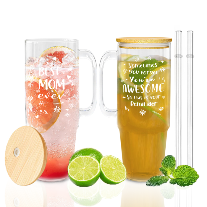 USA 2pcs 40oz BEST MOM Glass handle tumbler BPA Free with Bamboo Lids, Cocktail Beer, Soda, Fruit Juice