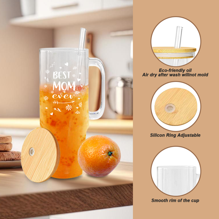 USA 2pcs 40oz BEST MOM Glass handle tumbler BPA Free with Bamboo Lids, Cocktail Beer, Soda, Fruit Juice