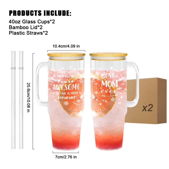 USA 2pcs 40oz BEST MOM Glass handle tumbler BPA Free with Bamboo Lids, Cocktail Beer, Soda, Fruit Juice