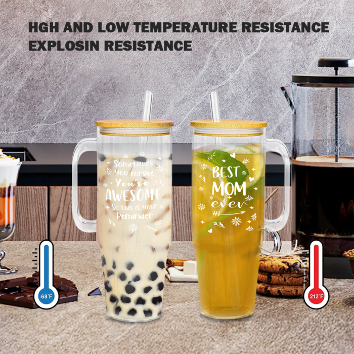 USA 2pcs 40oz BEST MOM Glass handle tumbler BPA Free with Bamboo Lids, Cocktail Beer, Soda, Fruit Juice