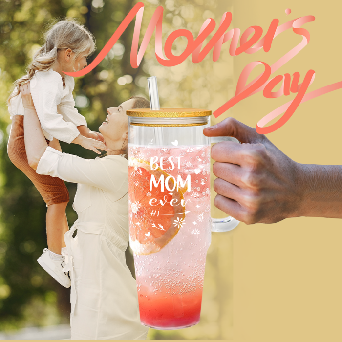 USA 2pcs 40oz BEST MOM Glass handle tumbler BPA Free with Bamboo Lids, Cocktail Beer, Soda, Fruit Juice