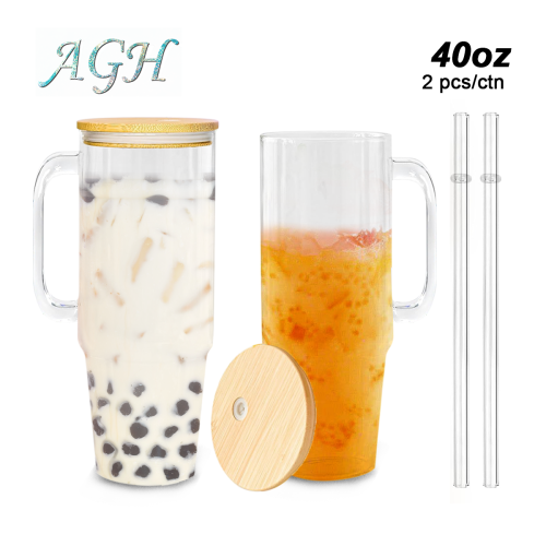USA 2pcs 40oz sublimation glass handle tumbler BPA Free with Bamboo Lids, Cocktail Beer, Soda, Fruit Juice