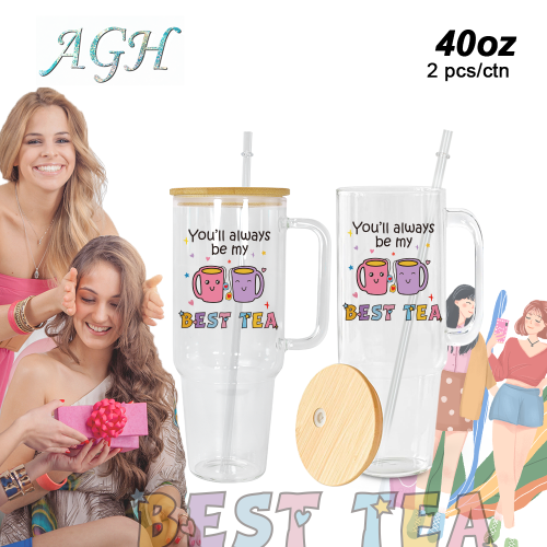 USA 2pcs 40oz BEST TEA Glass handle tumbler BPA Free with Bamboo Lids, Cocktail Beer, Soda, Fruit Juice