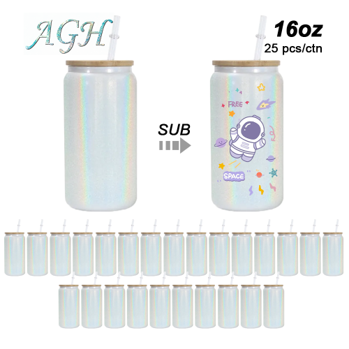 RTS USA warehouse 16oz white Sublimation Glitter glass with bamboo lid and plastic straw