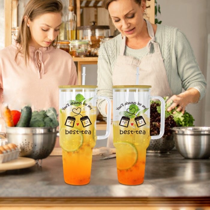 USA 2pcs 40oz ‘BEST TEA’ Glass handle tumbler BPA Free with Bamboo Lids, Cocktail Beer, Soda, Fruit Juice