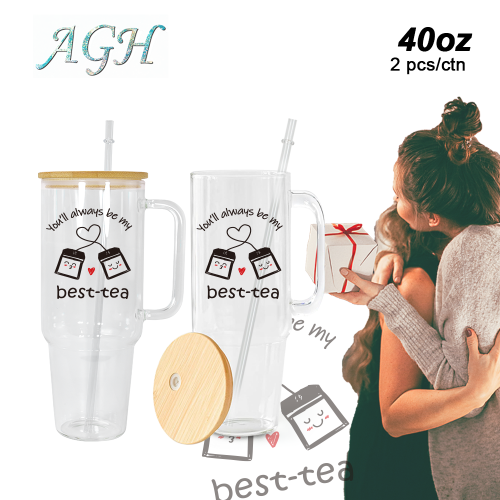 USA 2pcs 40oz ‘BEST TEA’ Glass handle tumbler BPA Free with Bamboo Lids, Cocktail Beer, Soda, Fruit Juice