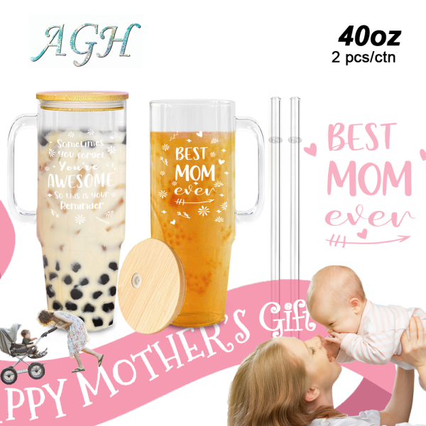 PRE-SALE USA 2pcs 40oz BEST MOM Glass handle tumbler BPA Free with Bamboo Lids, Cocktail Beer, Soda, Fruit Juice