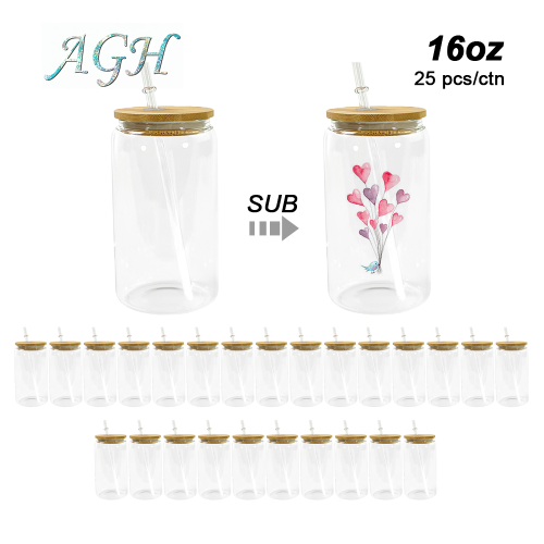 US Warehouse RTS 25pcs 16oz Sublimation Clear Glass Jar with Bamboo Lid and Straw