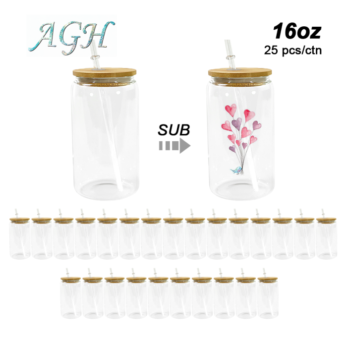 US Warehouse RTS 50pcs 16oz Sublimation Clear Glass Jar with Bamboo Lid and Straw