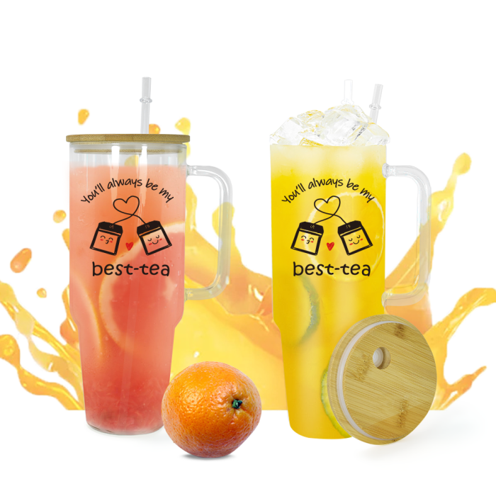 USA 2pcs 40oz ‘BEST TEA’ Glass handle tumbler BPA Free with Bamboo Lids, Cocktail Beer, Soda, Fruit Juice