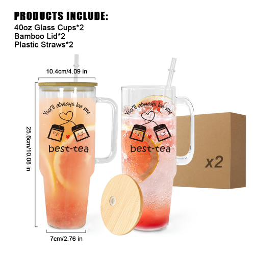 USA 2pcs 40oz ‘BEST TEA’ Glass handle tumbler BPA Free with Bamboo Lids, Cocktail Beer, Soda, Fruit Juice