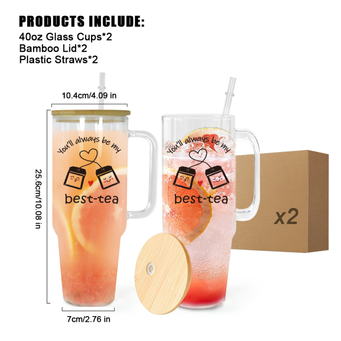 USA 2pcs 40oz ‘BEST TEA’ Glass handle tumbler BPA Free with Bamboo Lids, Cocktail Beer, Soda, Fruit Juice