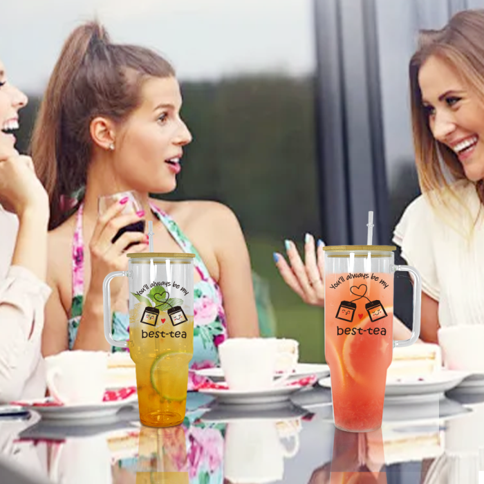 USA 2pcs 40oz ‘BEST TEA’ Glass handle tumbler BPA Free with Bamboo Lids, Cocktail Beer, Soda, Fruit Juice
