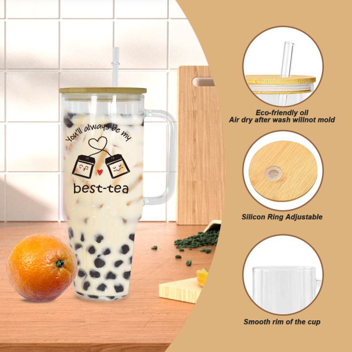 USA 2pcs 40oz ‘BEST TEA’ Glass handle tumbler BPA Free with Bamboo Lids, Cocktail Beer, Soda, Fruit Juice