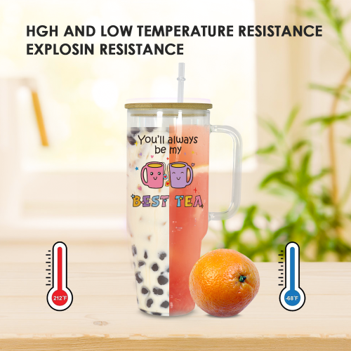 USA 2pcs 40oz BEST TEA Glass handle tumbler BPA Free with Bamboo Lids, Cocktail Beer, Soda, Fruit Juice